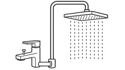 Icon mit modernem Wasserhahn und Regenduschkopf als Symbol f&uuml;r Sanit&auml;rplanung, Trinkwasser und Abwassertechnik