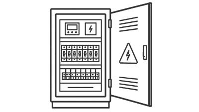 Icon eines ge&ouml;ffneten Schaltschranks als Symbol f&uuml;r Elektroplanung, Sicherheitstechnik und technische Geb&auml;udeausr&uuml;stung