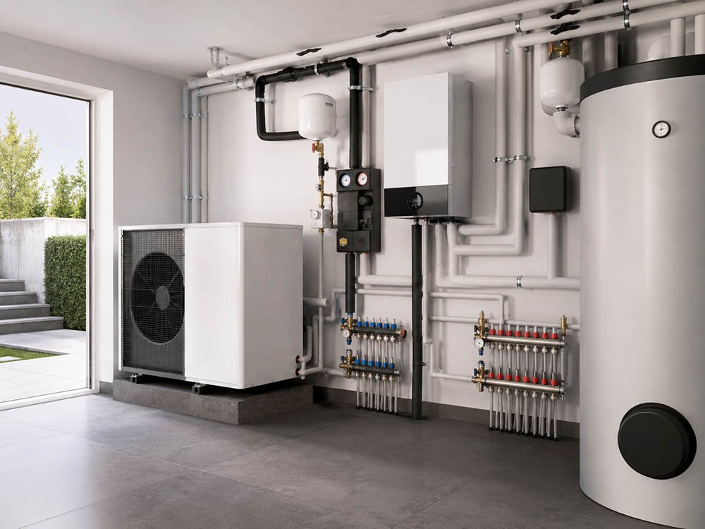 Moderner Technikraum mit W&auml;rmepumpe, Heizungsanlage, Rohrleitungen und Warmwasserspeicher f&uuml;r effiziente Heizungsplanung