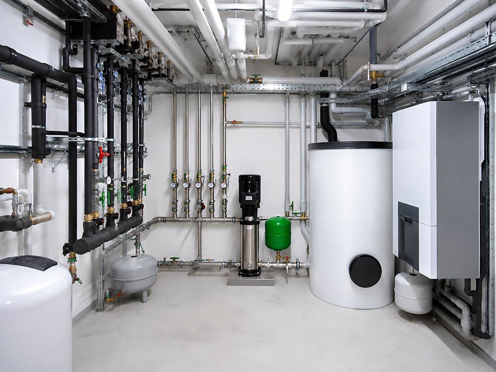 Technikraum mit Rohrleitungen, Warmwasserspeicher und Sanit&auml;ranlage als Beispiel f&uuml;r professionelle Sanit&auml;rplanung