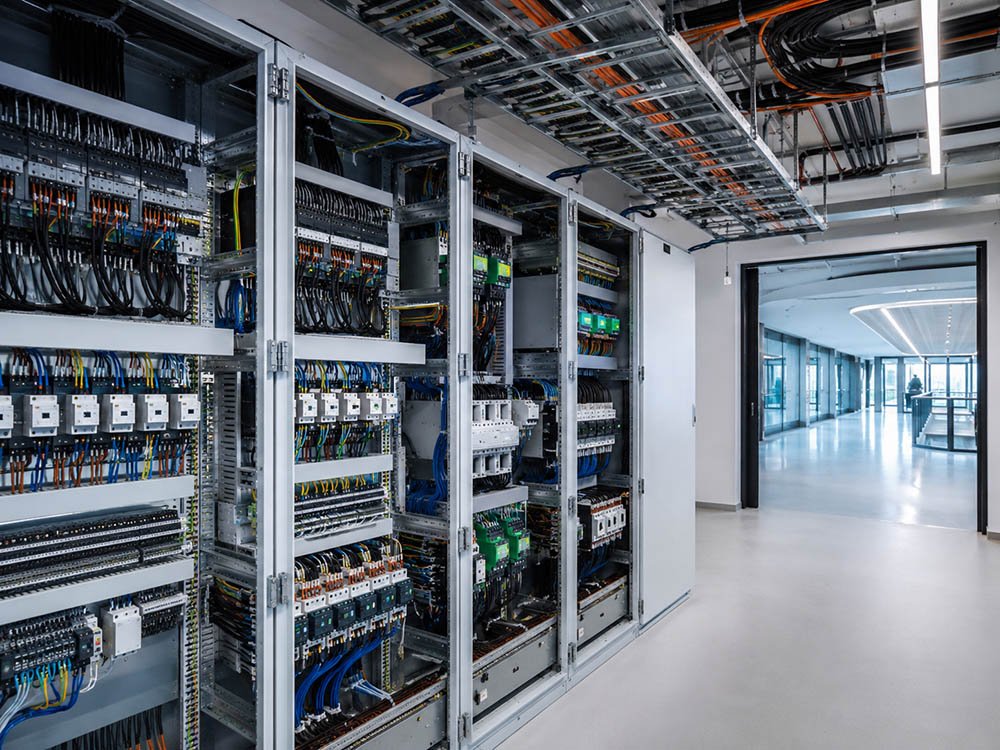 Offene Schaltschr&auml;nke mit Verkabelung und Kabeltrassen in einem Geb&auml;ude als Beispiel f&uuml;r Elektroplanung und Geb&auml;udetechnik